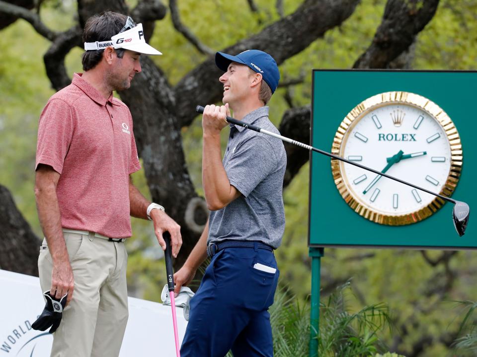 Golfers Bubba Watson, left, and Jordan Spieth share a moment on the No. 1 tee box at the 2019 WGC-Dell Technologies Match Play tournament at Austin Country Club. Ed Clements was there. “I consider Tiger and Jack (Nicklaus) the two greatest players of all time,” Clements said.