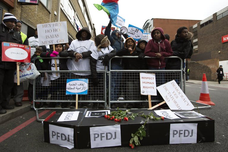 Eritreans demonstrate outside the Eritrean Embassy in central London in February. Galvanised by the Arab spring, Eritreans in exile in Europe are mobilising against the authoritarian regime of President Issaias Afeworki with a new tool -- the humble telephone