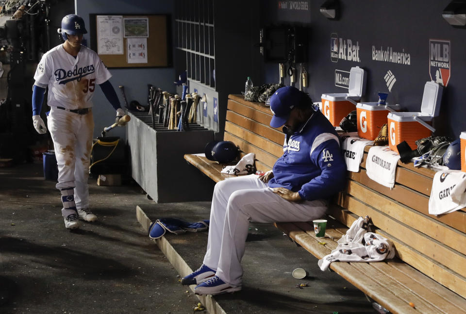 <p>Los Angeles Dodgers relief pitcher Kenley Jansen sits in the dugout during the ninth inning of Game 2 of baseball’s World Series against the Houston Astros Wednesday, Oct. 25, 2017, in Los Angeles. (AP Photo/Matt Slocum) </p>