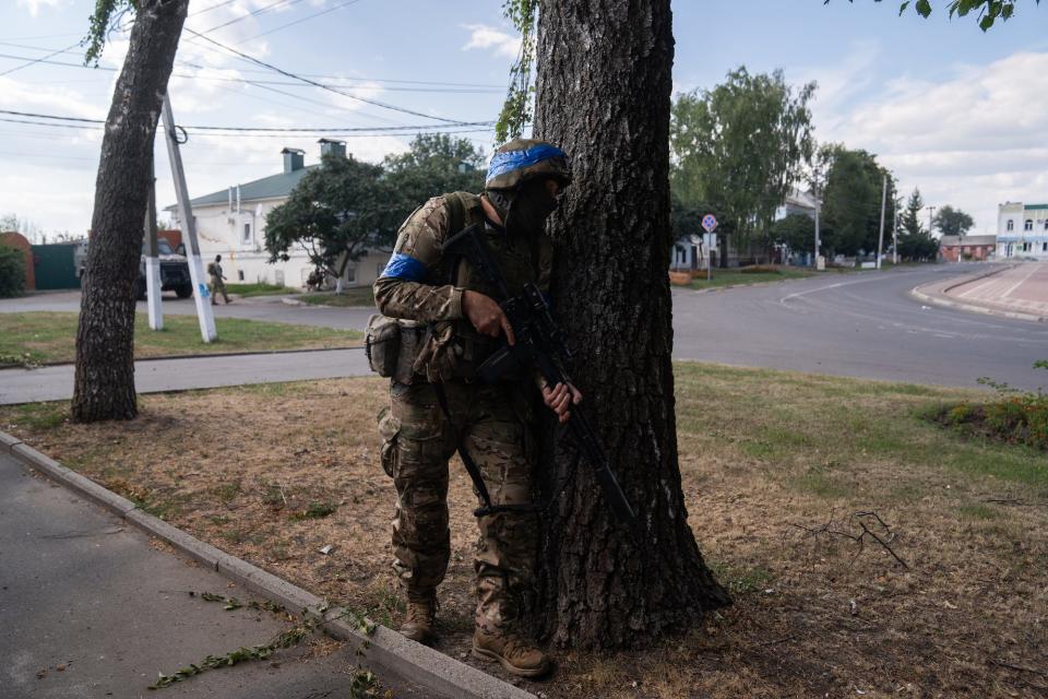 A Ukrainian soldier with a firearm hides behind a tree with a street in front of him