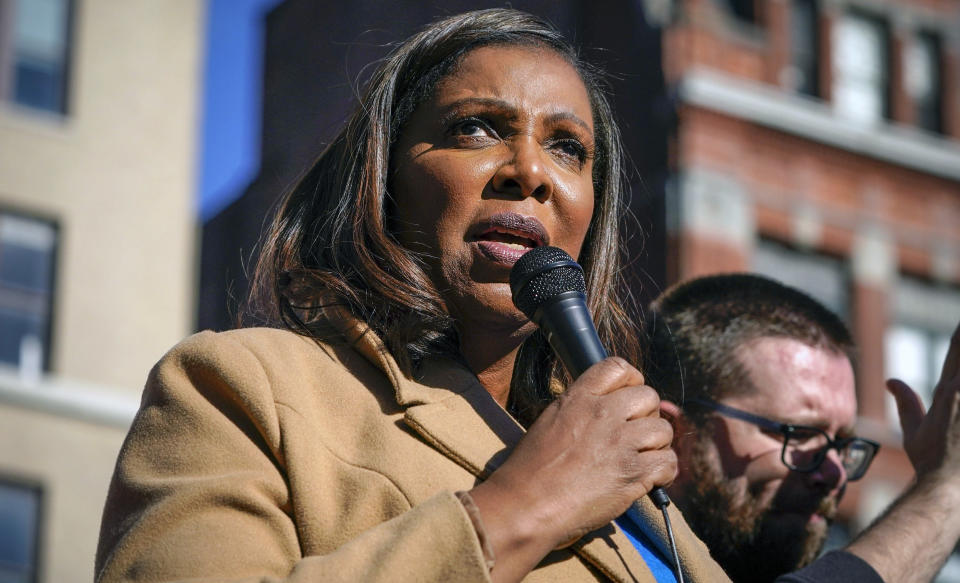 FILE - New York Attorney General Letitia James speaks during a rally in support of home care workers in New York, Tuesday, Dec. 14, 2021. James asked a judge Wednesday, Jan. 26, 2022 to dismiss a lawsuit by former President Donald Trump aimed at halting her yearslong probe into his business practices. (AP Photo/Seth Wenig, File)