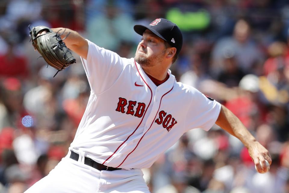 Boston Red Sox's Rich Hill pitches during the first inning of a baseball game against the Los Angeles Angels, Thursday, May 5, 2022, in Boston. (AP Photo/Michael Dwyer)