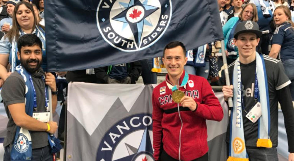 Olympic gold medalist Patrick Chan joined Vancouver supporters during the Whitecaps season opener against Montreal.