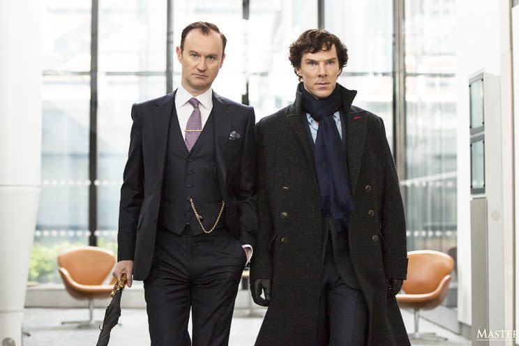 Mark Gatiss and Benedict Cumberbatch in Season 4 of 'Sherlock' (Credit: Chuck Hodes/Fox)