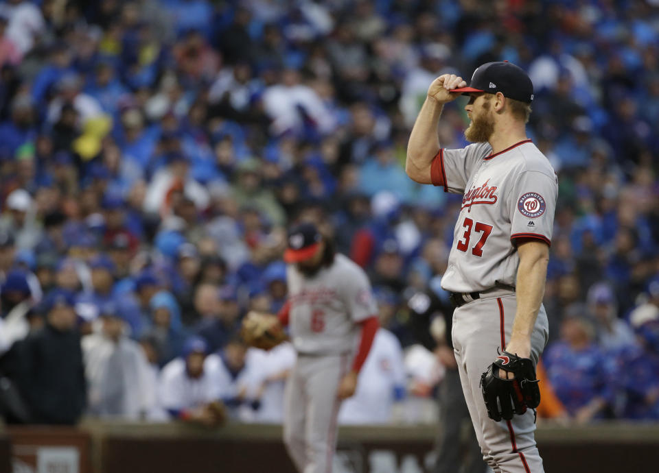 Washington Nationals starting pitcher Stephen Strasburg (37) adjusts his cap during the second inning of Game 4 of baseball’s National League Division Series against the Chicago Cubs, Wednesday, Oct. 11, 2017, in Chicago. (AP Photo/Nam Y. Huh)