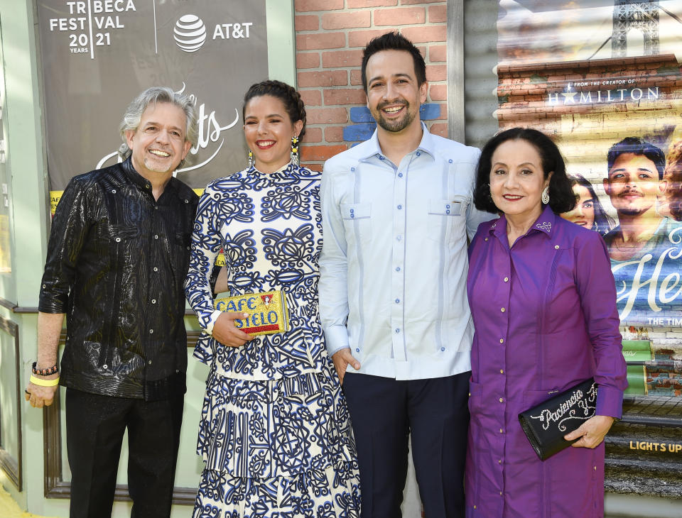 Producer Lin-Manuel Miranda, second from right, poses with his father, Luis A. Miranda Jr., left, wife Vanessa Nadal and mother, Dr. Luz Towns-Miranda, at the 2021 Tribeca Film Festival opening night premiere of "In The Heights" at the United Palace theater on Wednesday, June 9, 2021, in New York. (Photo by Evan Agostini/Invision/AP)