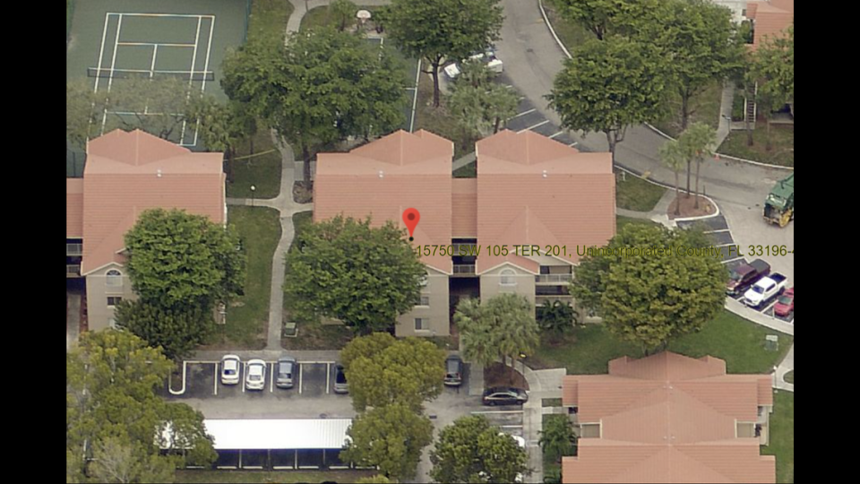 An overhead shot of some homes in Royal Palm Place at the Hammocks, a Kendall condominium community.