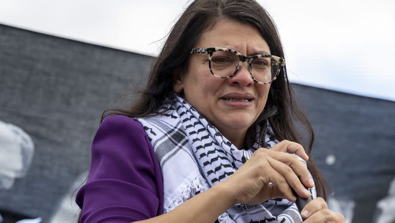 Rep. Rashida Tlaib, D-Mich., cries during a demonstration calling for a cease-fire in Gaza near the Capitol in Washington on Wednesday, Oct. 18, 2023.