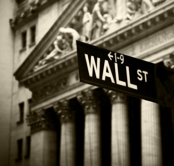 Wall Street street sign in front of New York Stock Exchange.