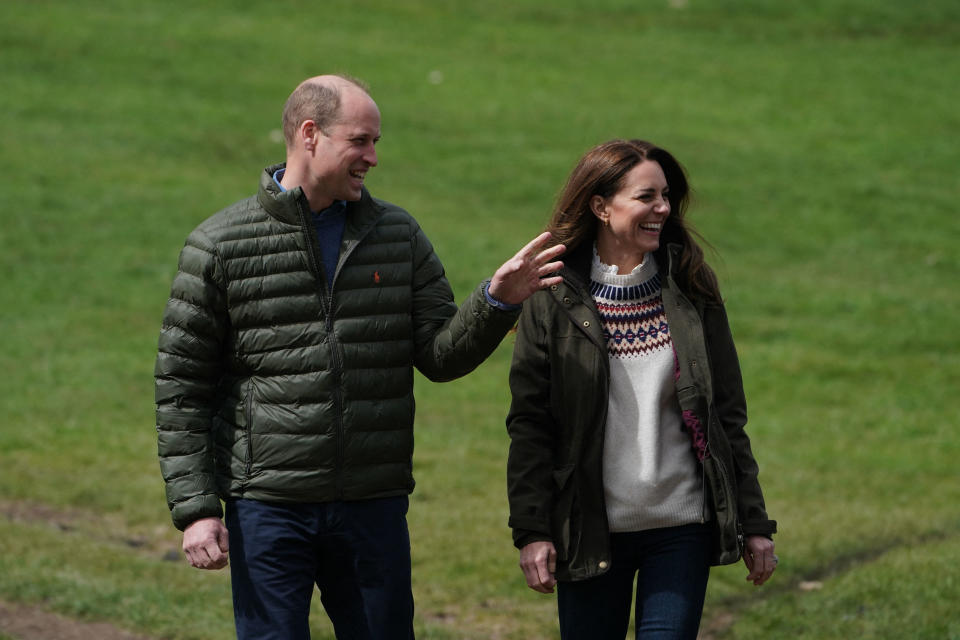 Britain&#39;s Prince William, Duke of Cambridge, and Britain&#39;s Catherine, Duchess of Cambridge, react during a visit to Manor Farm in Little Stainton, near Durham, north east England on April 27, 2021. (Photo by Owen Humphreys / POOL / AFP) (Photo by OWEN HUMPHREYS/POOL/AFP via Getty Images)