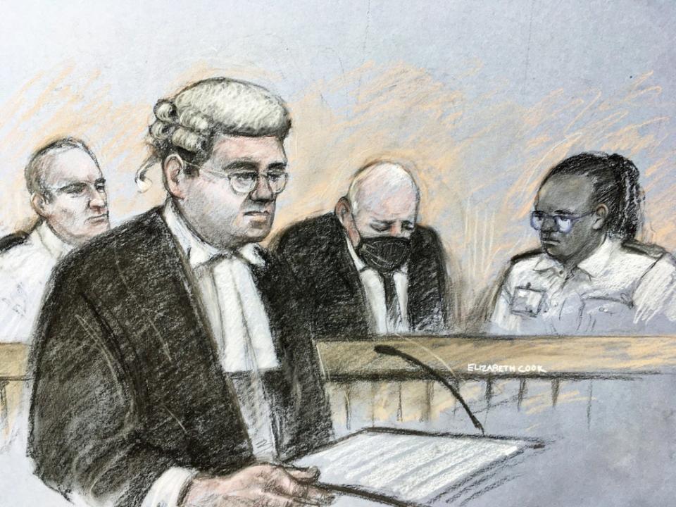 Court artist sketch by Elizabeth Cook of prosecutor Tom Little QC speaking as former Metropolitan Police officer Wayne Couzens, 48, sits in the dock (Elizabeth Cook/PA) (PA Wire)