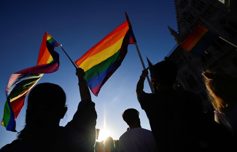 FILE PHOTO: Demonstrators protest against Hungarian Prime Minister Viktor Orban and the latest anti-LGBTQ law in Budapest, Hungary, June 14, 2021