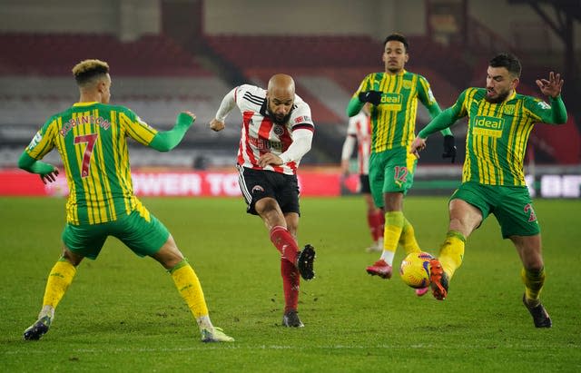 David McGoldrick, centre, goes close for Sheffield United