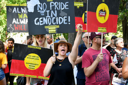 Protestors take part in an Invasion Day Rally in Sydney, Australia January 26, 2019. AAP Image/Joel Carrett via REUTERS