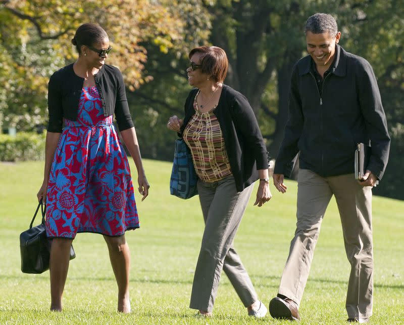 Barack Obama, Michelle Obama and Marian Robinson return via helicopter from a visit at Camp David to the White House in Washington