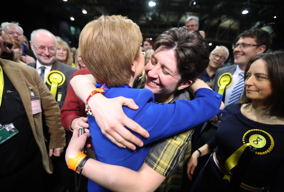 First Minister Nicola Sturgeon celebrates with supporters at the SEC Centre in Glasgow during counting for the 2019 General Election.