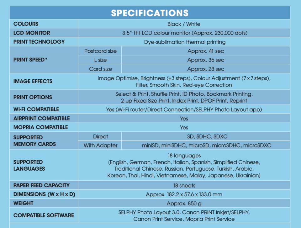 Specifications of Selphy CP1500. PHOTO: Canon