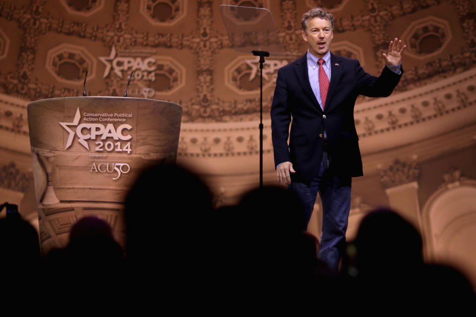 NATIONAL HARBOR, MD - MARCH 07:  Sen. Rand Paul (R-KY) takes the stage before addressing the Conservative Political Action Conference at the Gaylord International Hotel and Conference Center March 7, 2014 in National Harbor, Maryland. The CPAC annual meeting brings together conservative politicians, pundits and their supporters for speeches, panels and classes.  (Photo by Chip Somodevilla/Getty Images)