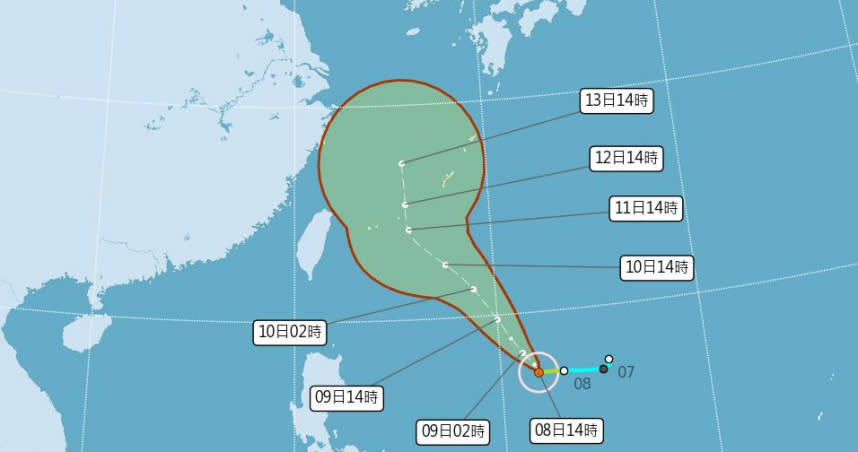 梅花颱風在周日逐漸北轉，相對靠近台灣。（圖／中央氣象局）