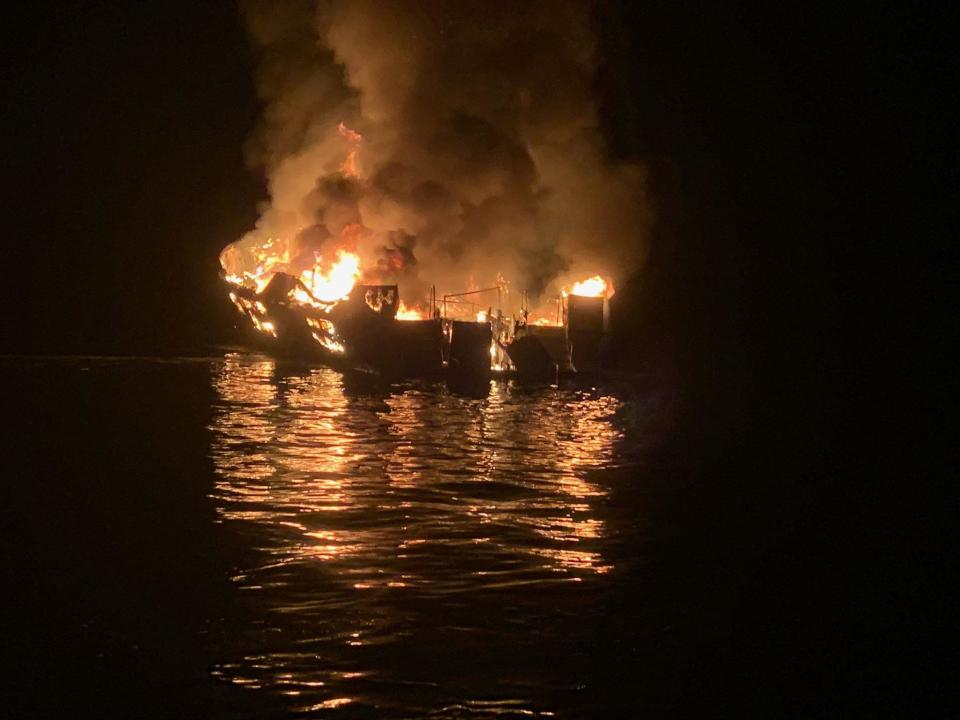 In this handout provided by Santa Barbara County Fire Department, the 75-foot Conception, based in Santa Barbara Harbor, burns after catching fire early September 2, 2019, anchored off Santa Cruz Island, California. / Credit: Santa Barbara County Fire Department / Handout