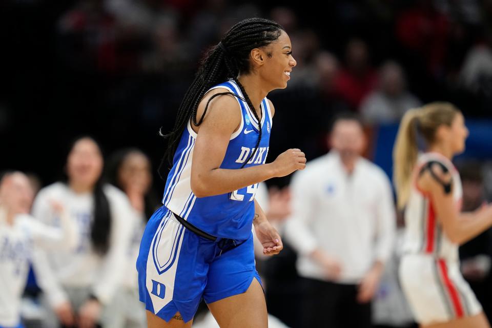 Mar 24, 2024; Columbus, OH, USA; Duke Blue Devils guard Reigan Richardson (24) smiles as she runs up court during the second half of the women’s NCAA Tournament second round against the Ohio State Buckeyes at Value City Arena. Ohio State lost 75-63.