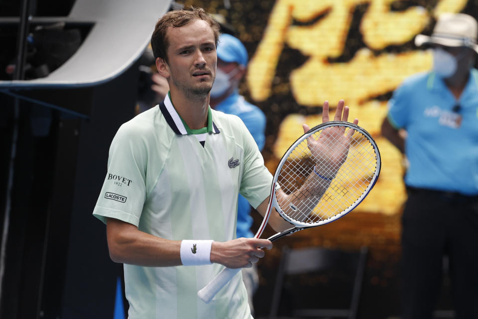Daniil Medvedev of Russia reacts after defeating Henri Laaksonen of Switzerland in their first round match at the Australian Open tennis championships in Melbourne, Australia, Tuesday, Jan. 18, 2022. (AP Photo/Hamish Blair)