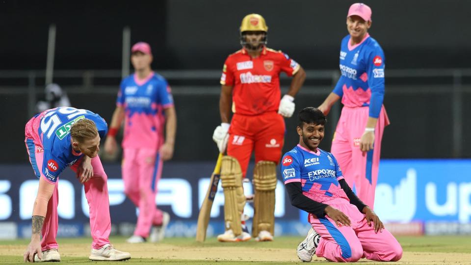 Chetan Sakariya celebrates a wicket on debut against Punjab Kings.