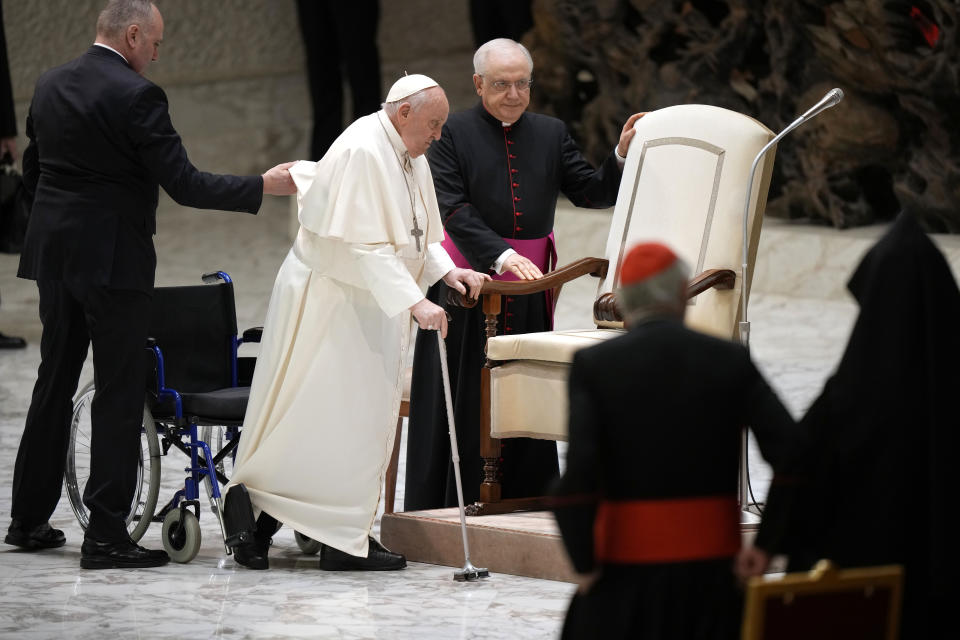 Pope Francis arrives at his weekly general audience in the Paul VI Hall, at the Vatican, Wednesday, Feb. 28, 2024. (AP Photo/Andrew Medichini)