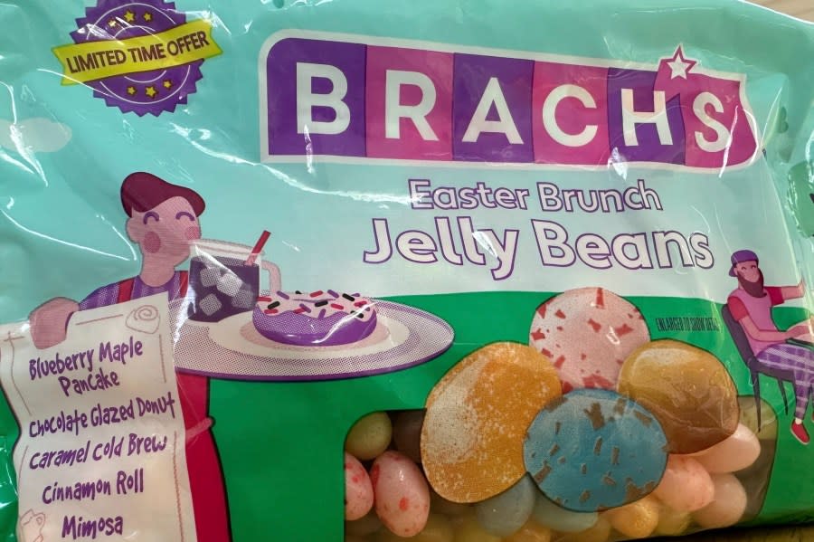 A package of Brach’s recently introduced Easter Brunch-flavored jelly beans is shown on Monday, May 13, 2024 in Ann Arbor, Mich. They mimic the flavors of blueberry maple pancakes, chocolate donuts, caramel cold brew, cinnamon rolls, berry smoothies and mimosas. (AP Photo/Dee-Ann Durbin)