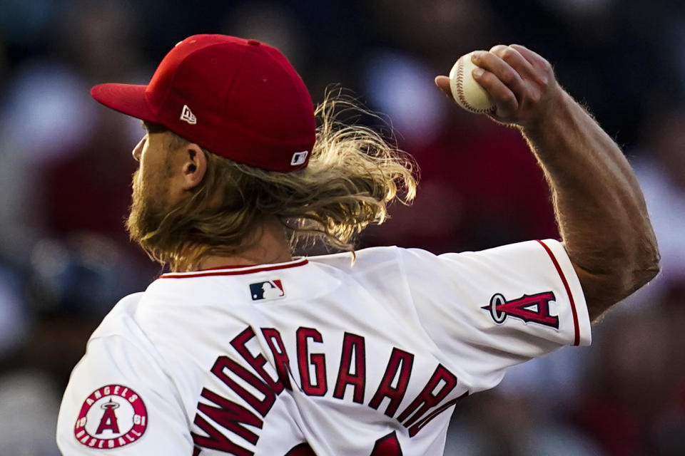 Los Angeles Angels starting pitcher Noah Syndergaard (34) throws during the second inning of a baseball game in Anaheim, Calif., Monday, May 9, 2022. (AP Photo/Ashley Landis)