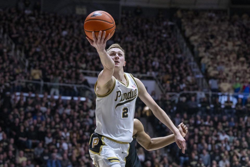 Purdue guard Fletcher Loyer (2) shoots against Michigan State during the second half of an NCAA college basketball game Saturday, March 2, 2024, in West Lafayette, Ind. (AP Photo/Doug McSchooler)