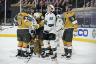 San Jose Sharks right wing Timo Meier (28) reacts after a play against the Vegas Golden Knights during the third period of an NHL hockey game Wednesday, April 21, 2021, in Las Vegas. (AP Photo/John Locher)