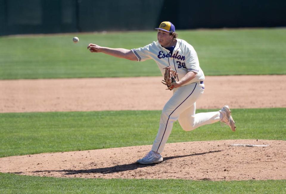 Escalon’s Ryan Murphy delivers a pitch during the Modesto Nuts High School Baseball Showcase game with Linden at John Thurman Field in Modesto, Calif., Saturday, March 16, 2024.
