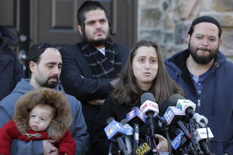 Nicky Kohen, the daughter of Josef Neumann, speaks to reporters in front of her home in New York on January 2, 2020(AP)