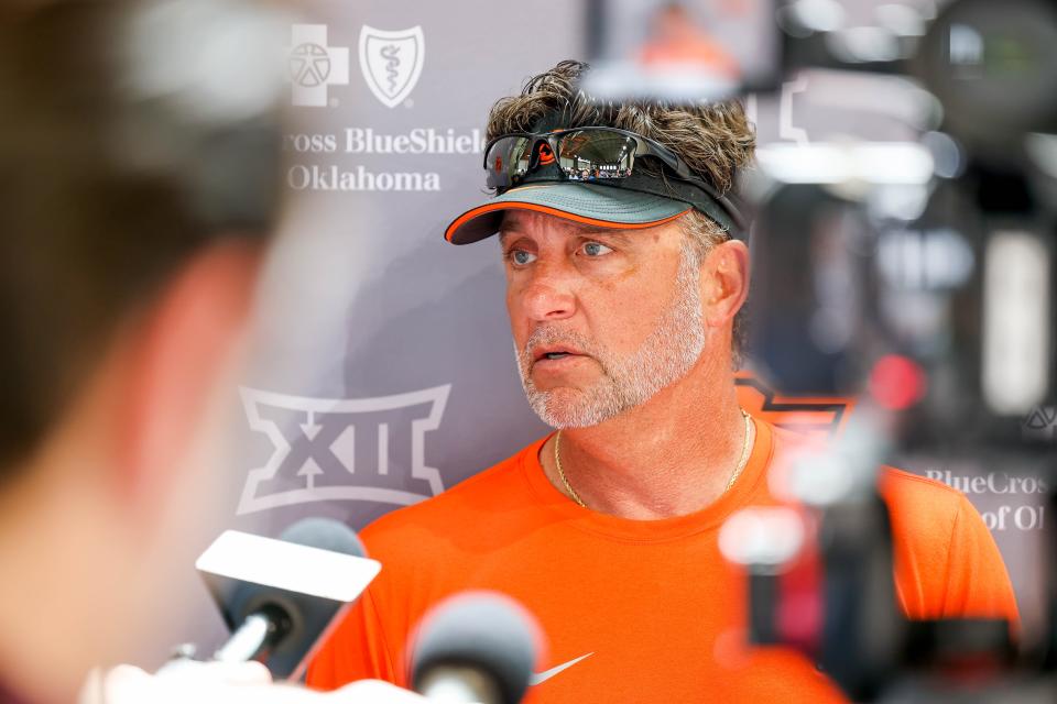 Head coach Mike Gundy speaks to the press during an Oklahoma State Spring football practice at Sherman E. Smith Training Center in Stillwater, Okla., Monday, April 10, 2023.