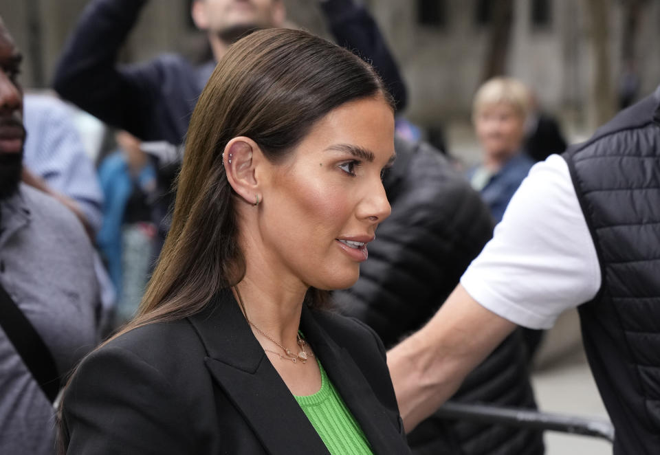 Rebekah Vardy the wife of England soccer player Jamie Vardy arrives at the High Court, in London, Thursday, May 19, 2022. A trial involving a social media dispute between two soccer spouses has been taking place in London. Rebekah Vardy sued for libel after Coleen Rooney accused her of sharing her private social media posts with The Sun newspaper. (AP Photo/Matt Dunham)