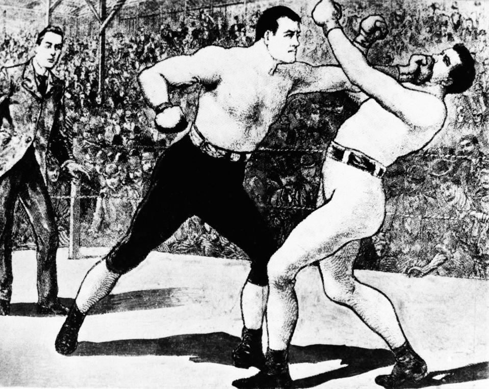 This drawing shows fight action between heavyweight Jim Corbett, left, and John L. Sullivan in New Orleans in 1892. Sullivan, champion for more than a decade, was defeated by Corbett in the first fight fought with padded gloves, $100 ringside seats and a purse of $25,000 with side bets of $10,000. (AP Photo)