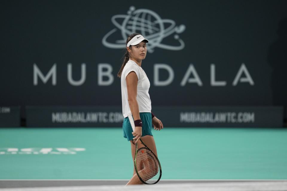 Emma Raducanu of Britain, reacts after losing a point against Ons Jabeur of Tunisia, during a match of the Mubadala World Tennis Championship in Abu Dhabi, United Arab Emirates, Friday, Dec. 16, 2022. (AP Photo/Kamran Jebreili)