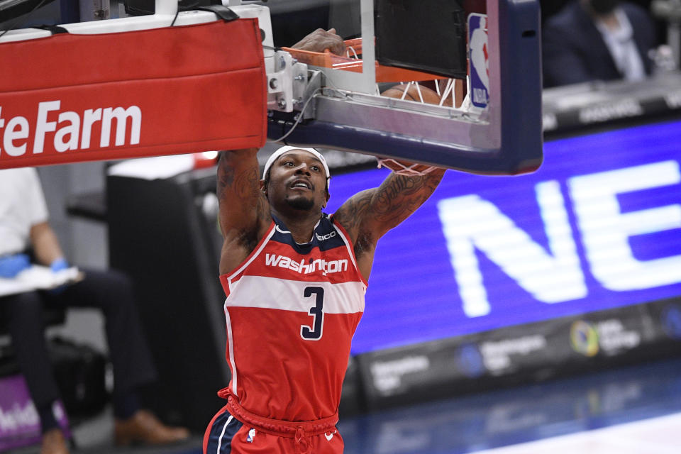 Washington Wizards guard Bradley Beal (3) goes to the basket during the first half of an NBA basketball game against the Los Angeles Clippers, Thursday, March 4, 2021, in Washington. (AP Photo/Nick Wass)