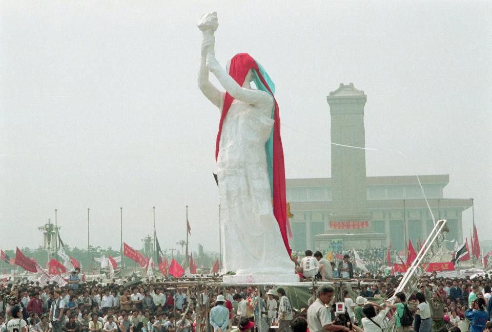 The Goddess of Democracy stood as a symbol of protest during the 1989 Tiananmen Square demonstrations. <a href="https://www.gettyimages.com/detail/news-photo/crowds-of-people-watch-the-unveiling-of-the-goddess-of-news-photo/640492283?phrase=1989%20Goddess%20of%20Democracy&adppopup=true" rel="nofollow noopener" target="_blank" data-ylk="slk:David Turnley/Getty Images;elm:context_link;itc:0;sec:content-canvas" class="link ">David Turnley/Getty Images</a>