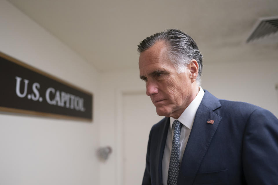 FILE - Sen. Mitt Romney, R-Utah, a member of the Senate Foreign Relations Committee, heads to a vote before a national security briefing on Ukraine, at the Capitol in Washington, on March 16, 2022. Utah House Speaker Brad Wilson is the first Republican to publicly announce he's considering vying for Romney's seat in next year's Senate race. (AP Photo/J. Scott Applewhite, File)