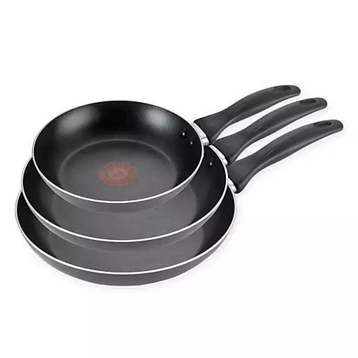 T-fal® Pure Cook Nonstick Aluminum 3-Piece Fry Pan Set in Black. Image via Bed Bath & Beyond.