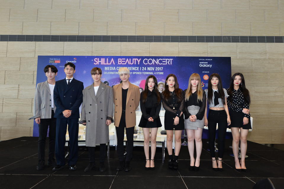 K-pop groups SHINee & Red Velvet at a press conference for the Shilla Beauty Concert at Changi Airport (Photo: Shilla Duty Free)