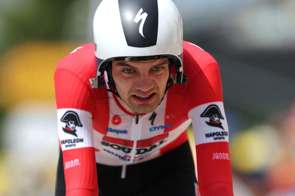 Soudal Quick-Step's Danish rider Kasper Asgreen cycles to the finish line during the 16th stage of the 110th edition of the Tour de France cycling race, 22 km individual time trial between Passy and Combloux, in the French Alps, on July 18, 2023. (Photo by Thomas SAMSON / AFP)