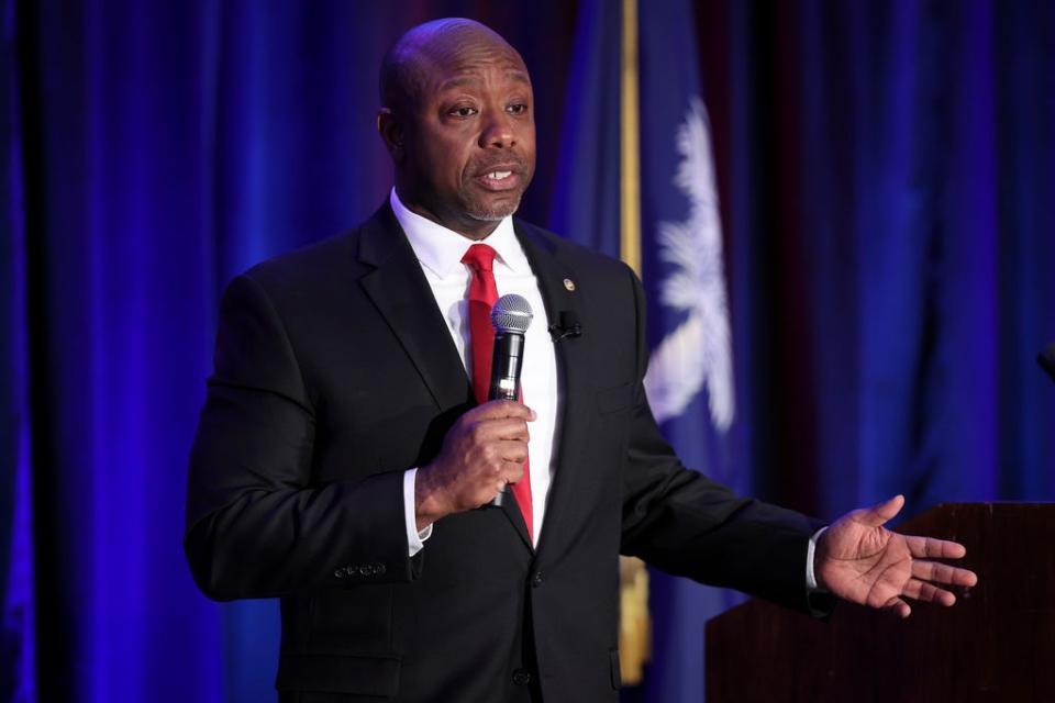 Sen. Tim Scott, R-S.C., delivers remarks at the Charleston County Republican Party’s Black History Month Banquet February 16, 2023 in Charleston, South Carolina.