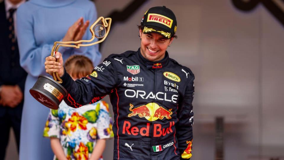 Red Bull's Sergio Perez celebrates victory at the Monaco Grand Prix. Monte Carlo, May 2022. Credit: PA Images