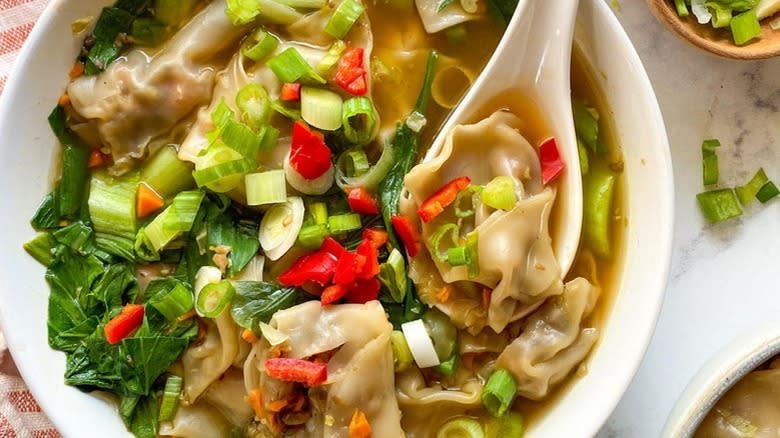 vegetable wonton soup bowl with spoon