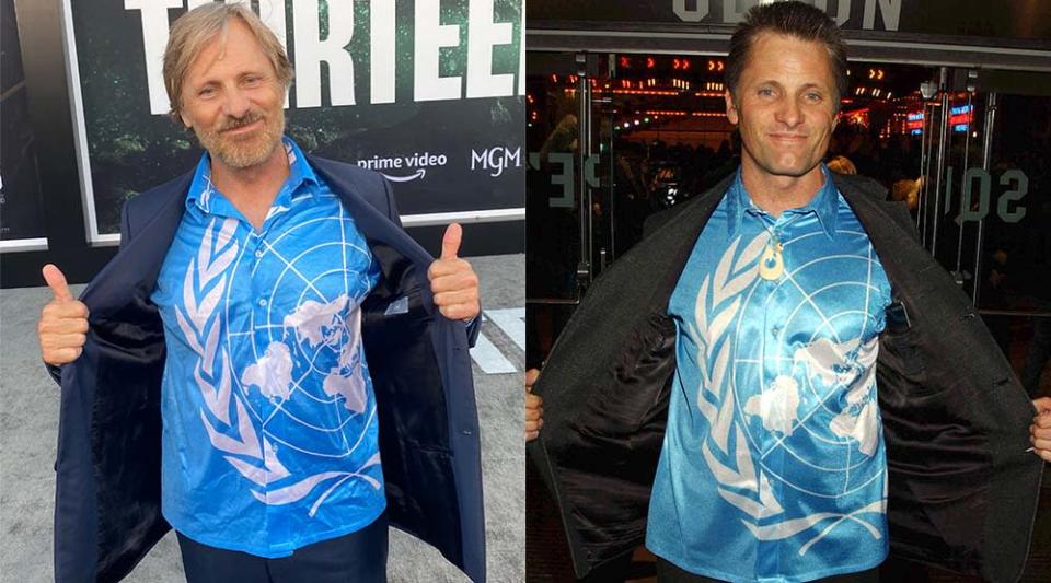 Viggo Mortensen, left, wore the same shirt at the Thirteen Lives premiere on July 28, 2022, that he donned for the Lord of the Rings: Return of the King premiere on Dec. 11, 2003.
