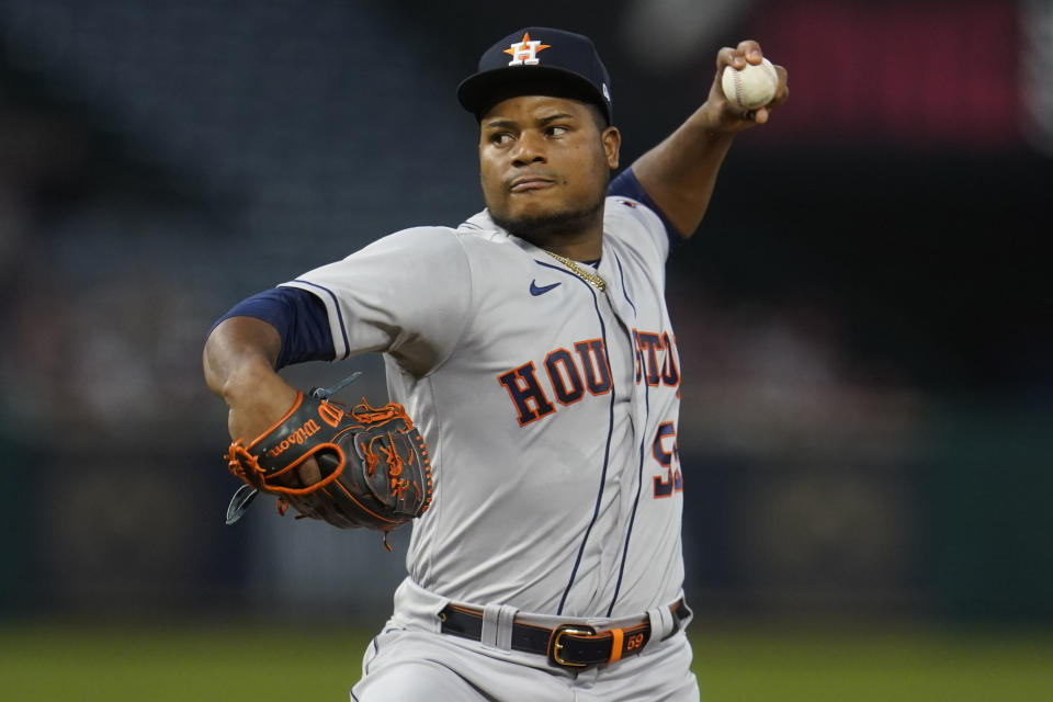 Houston Astros starting pitcher Framber Valdez throws to a Los Angeles Angels batter during the first inning of a baseball game Monday, Sept. 20, 2021, in Anaheim, Calif. (AP Photo/Marcio Jose Sanchez)