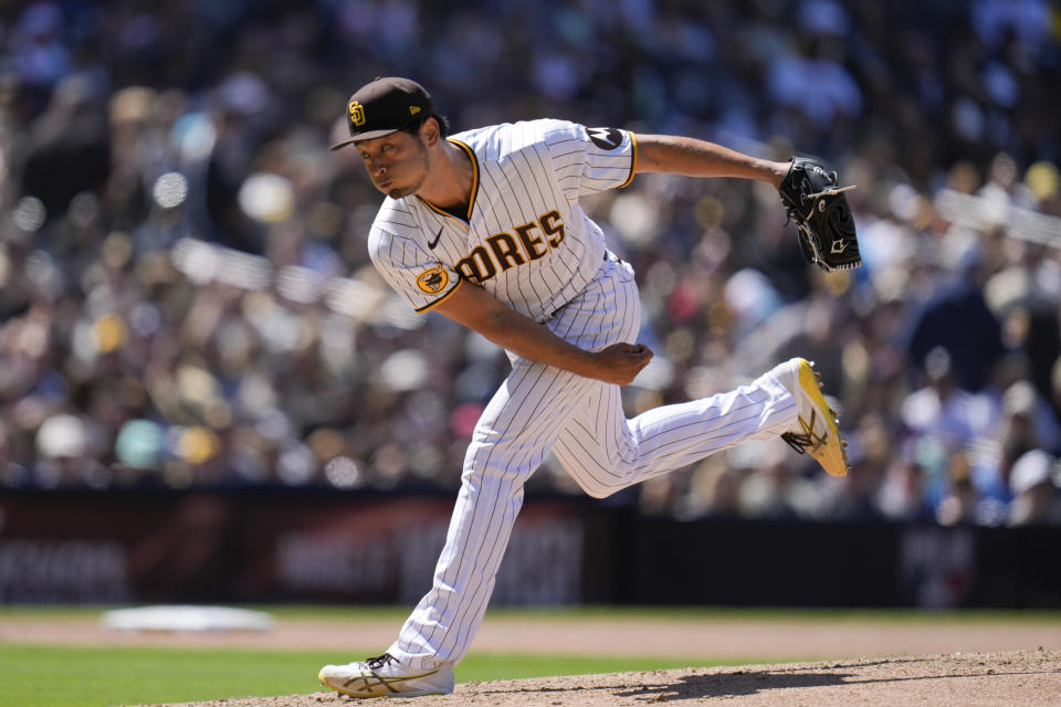 San Diego Padres starting pitcher Yu Darvish works against an Arizona Diamondbacks batter during the fifth inning of a baseball game Tuesday, April 4, 2023, in San Diego. (AP Photo/Gregory Bull)